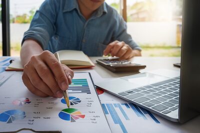 Bookkeeper analyzes charts with help of computer
