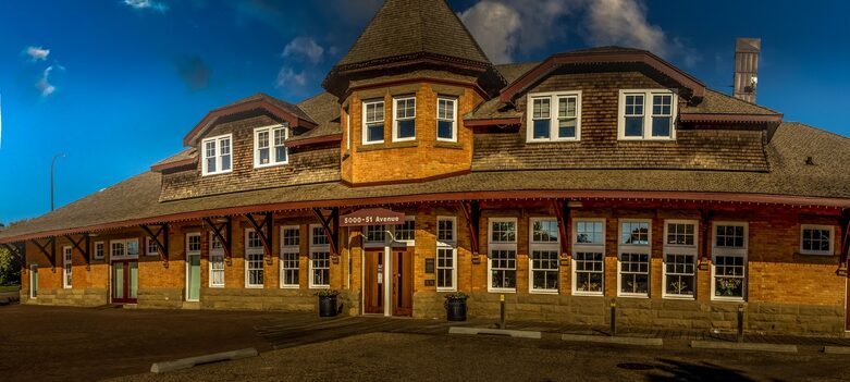 historic train station with beautiful old bricks and windows in Red Deer, Alberta
